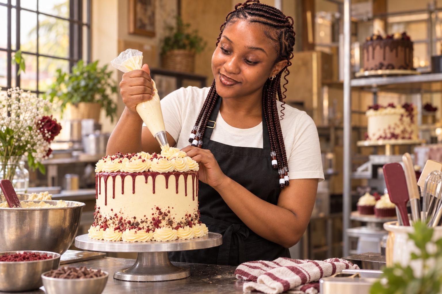 The Crave Hut baker decorating a celebration cake by hand