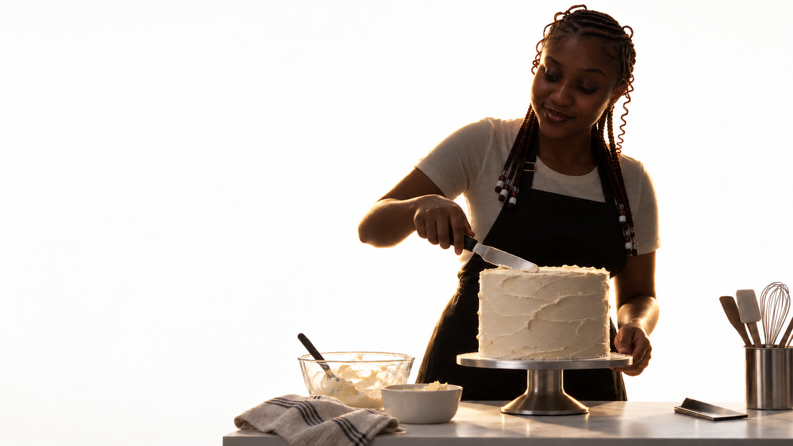 The Crave Hut baker smoothing an ivory celebration cake in a bright minimalist studio
